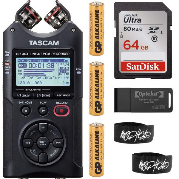 Tascam DR-40X 4-Channel 4-Track Portable Audio Recorder Bundle with 64GB SD  Memory Card, Opteka Card Reader and 2x Cables Ties